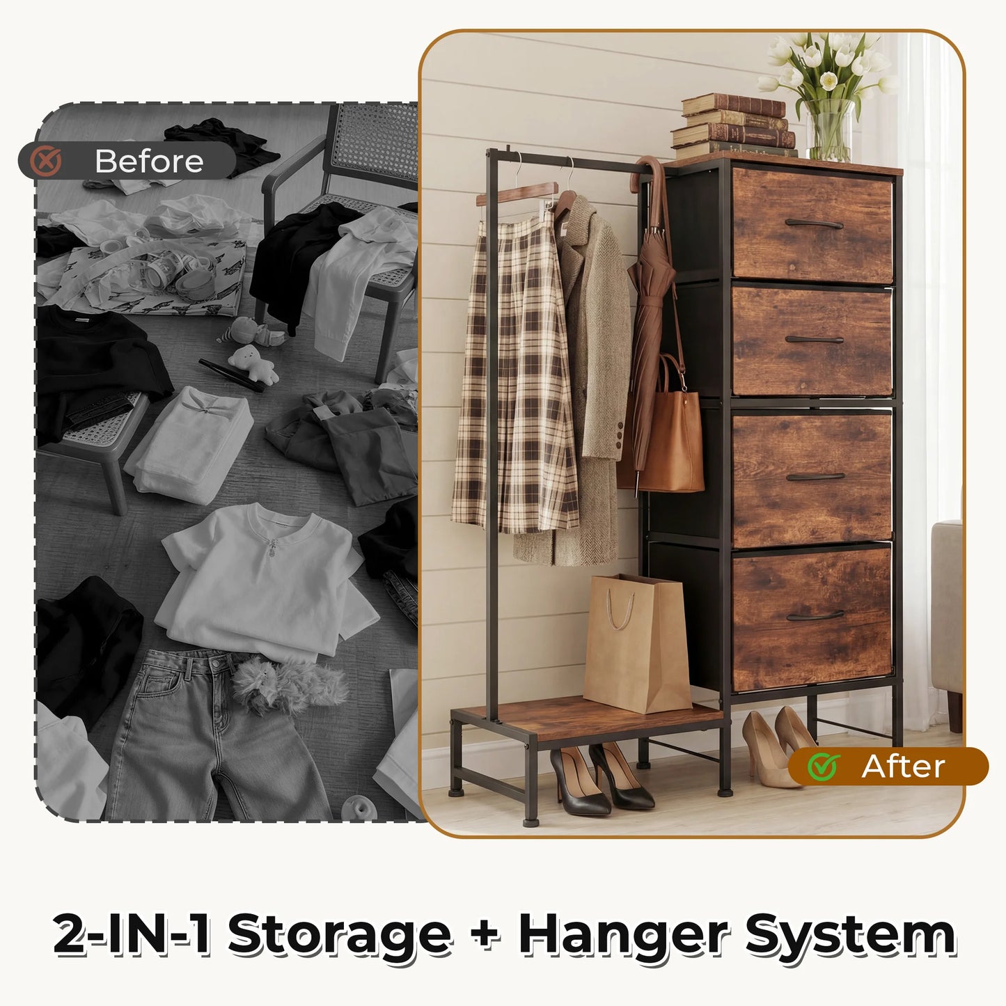 JHK Fabric Dresser Hanging Rack Shelf Living Room Storage Organizer