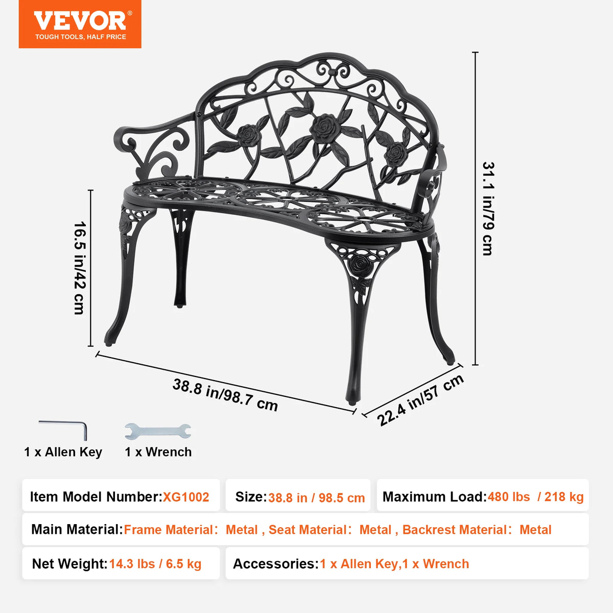 SucceBuy Wooden Metal Outdoor Garden Bench for Patio and Park
