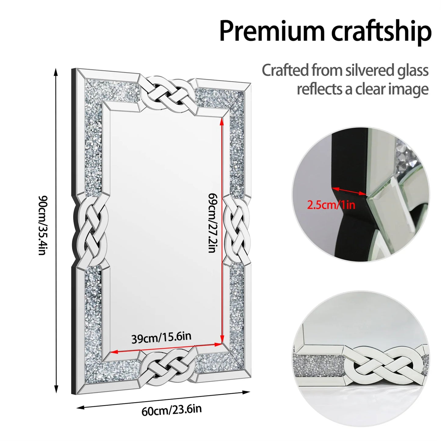 Crystal Diamond Wall Mirror Rectangle Framed Hanging Decoration