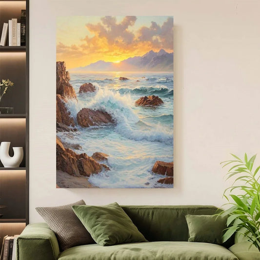 Framed Vintage Coastal Canvas Art Ocean Waves And Rocky Shoreline