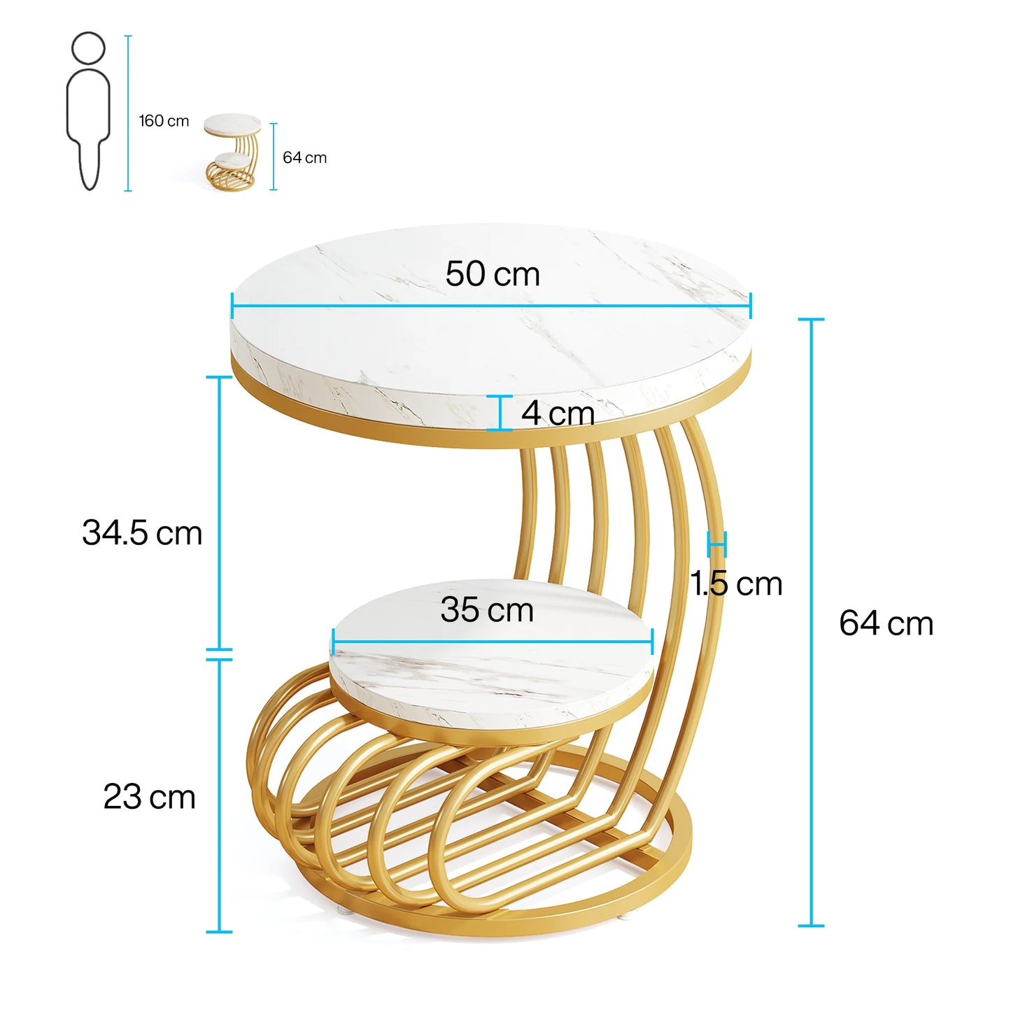 Tribesigns Round End Table Two Tiers Faux Marble Storage
