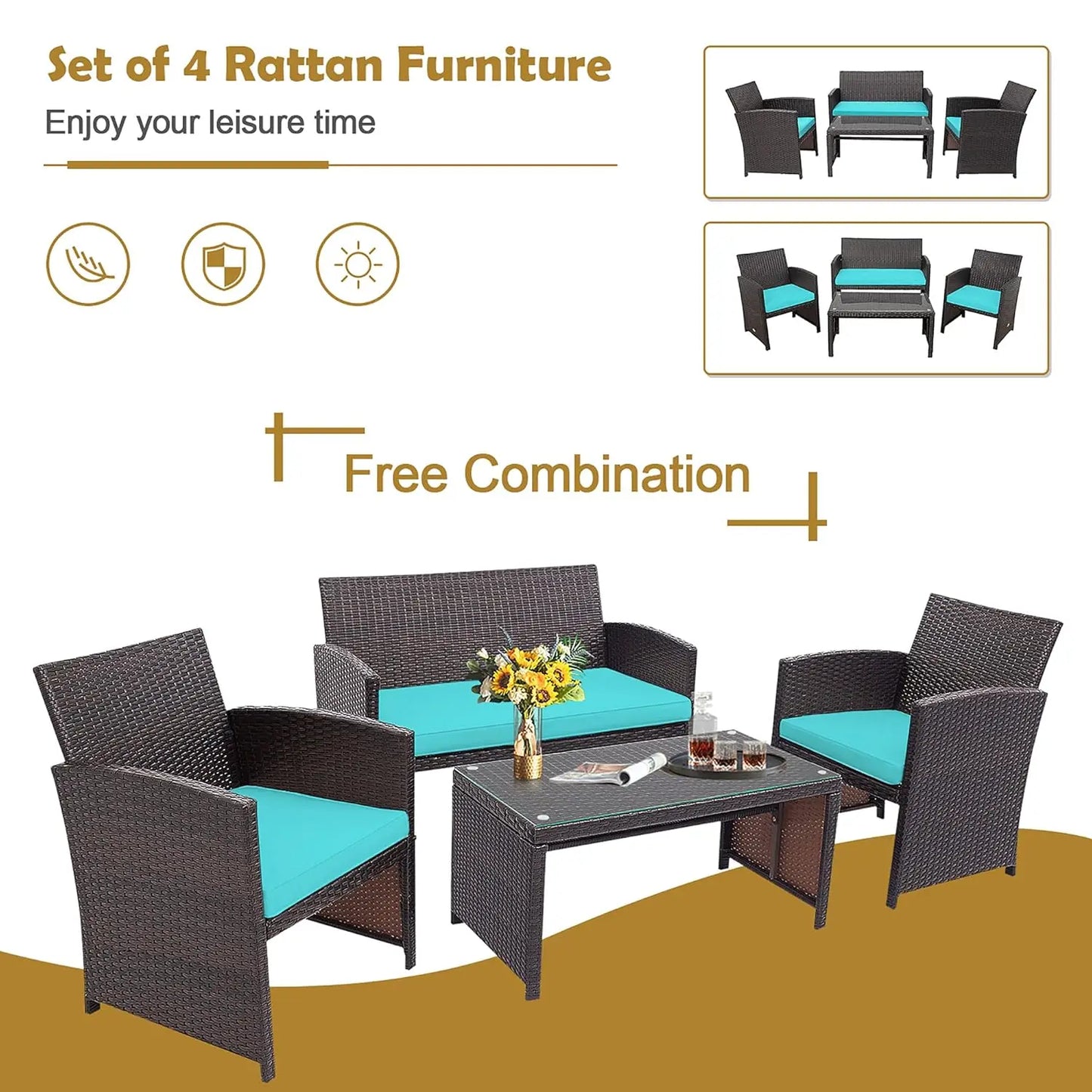 Wicker Patio Furniture Set Outdoor PE Rattan 4 Piece Conversation