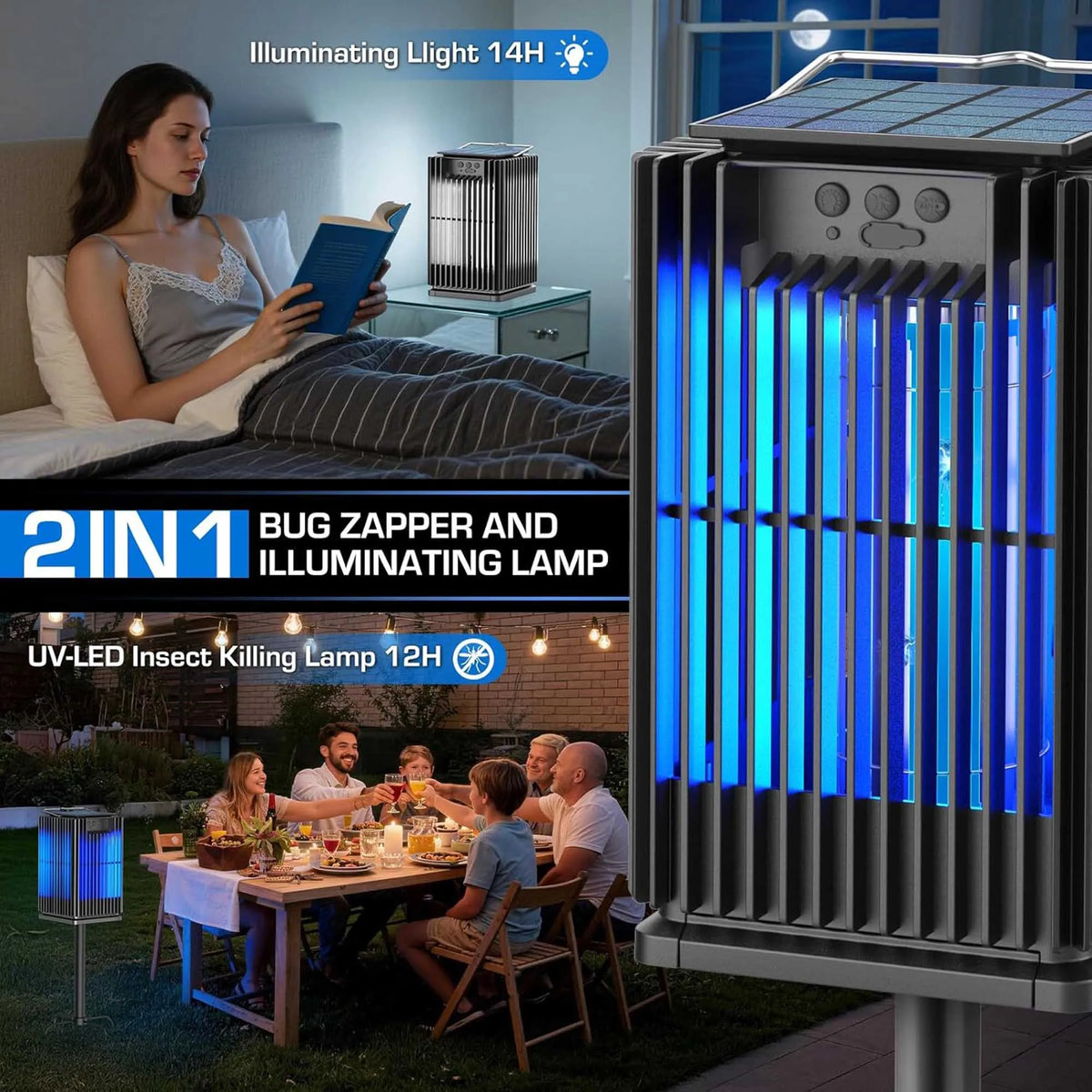 Solar Outdoor Mosquito Bug Zapper With LED Light And Ground Bracket