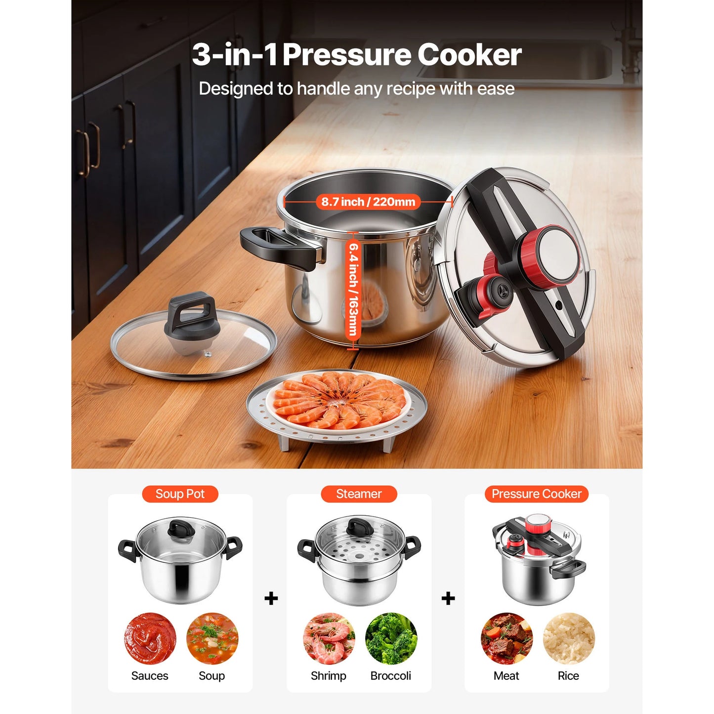 SucceBuy Stainless Steel Pressure Cooker With Steaming Rack Glass Lid