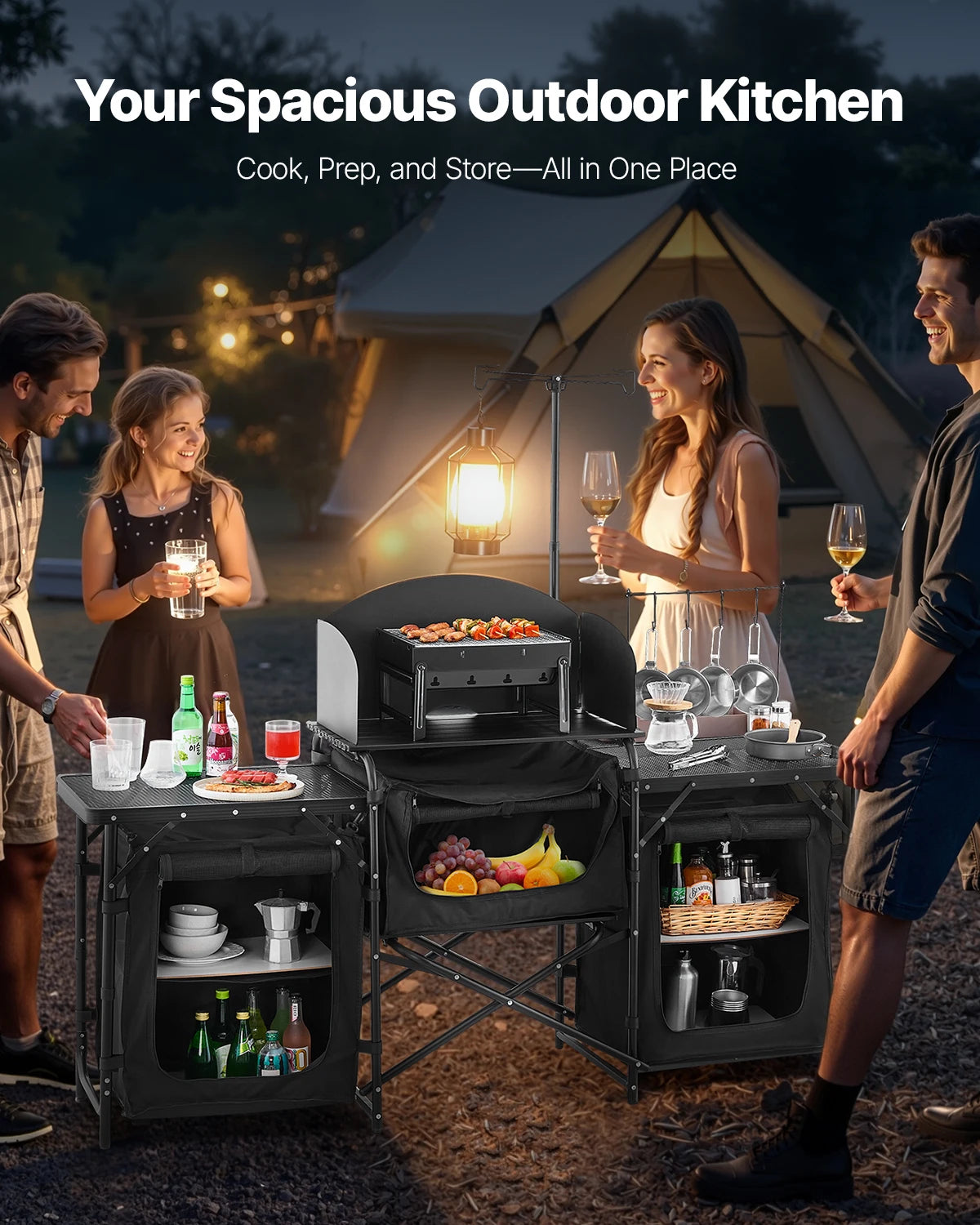 SucceBuy Camping Kitchen Table Aluminum Portable Cook Station With Storage