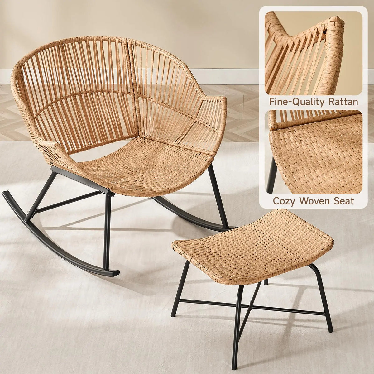 ONBRILL Papasan Rocking Chair With Ottoman Wicker Patio Lounge Rocker
