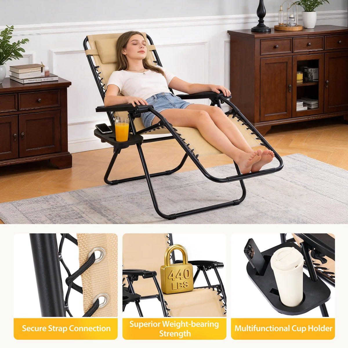 JHK Zero Gravity Folding Recliner Chairs With Cup Holder Trays