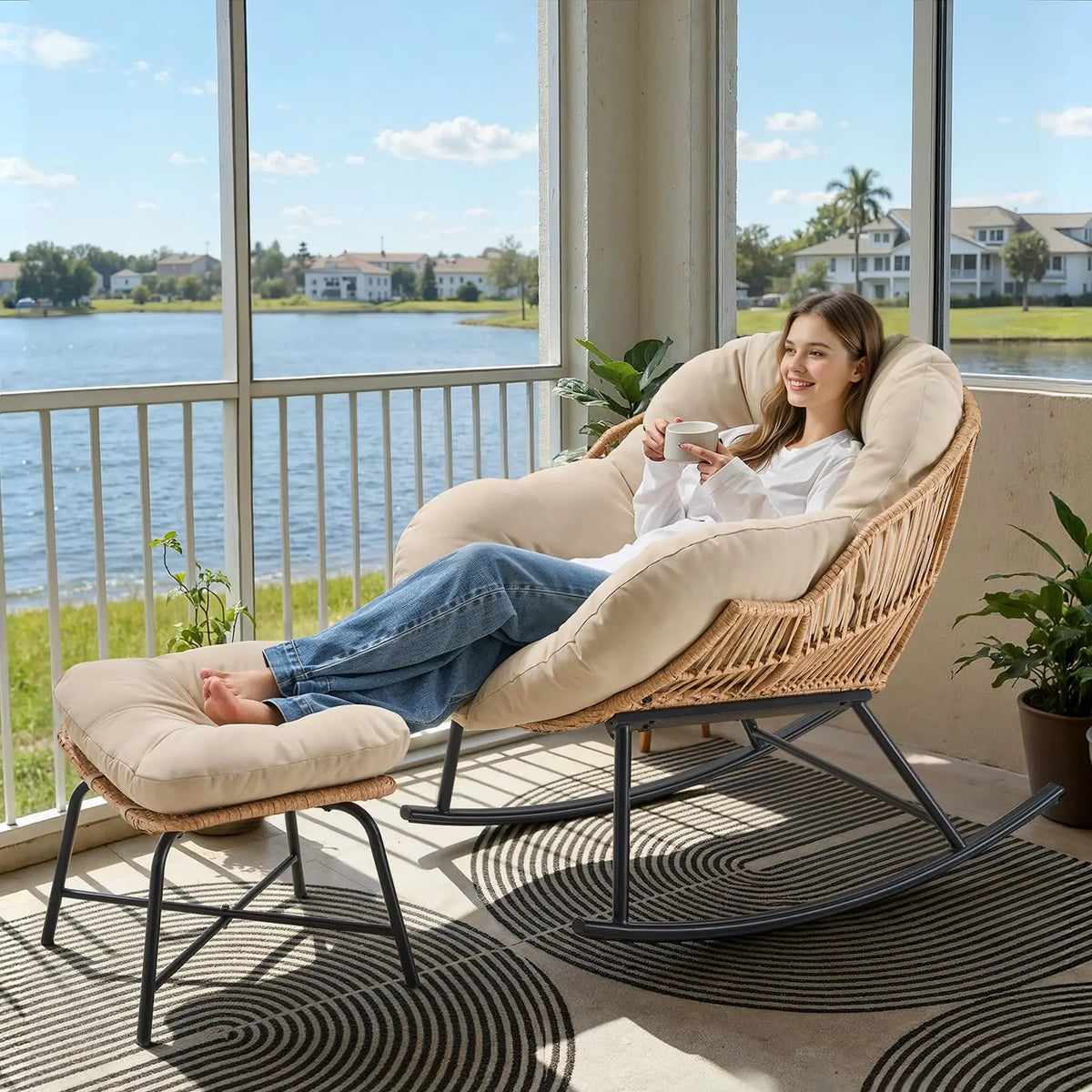 ONBRILL Papasan Rocking Chair With Ottoman Wicker Patio Lounge Rocker