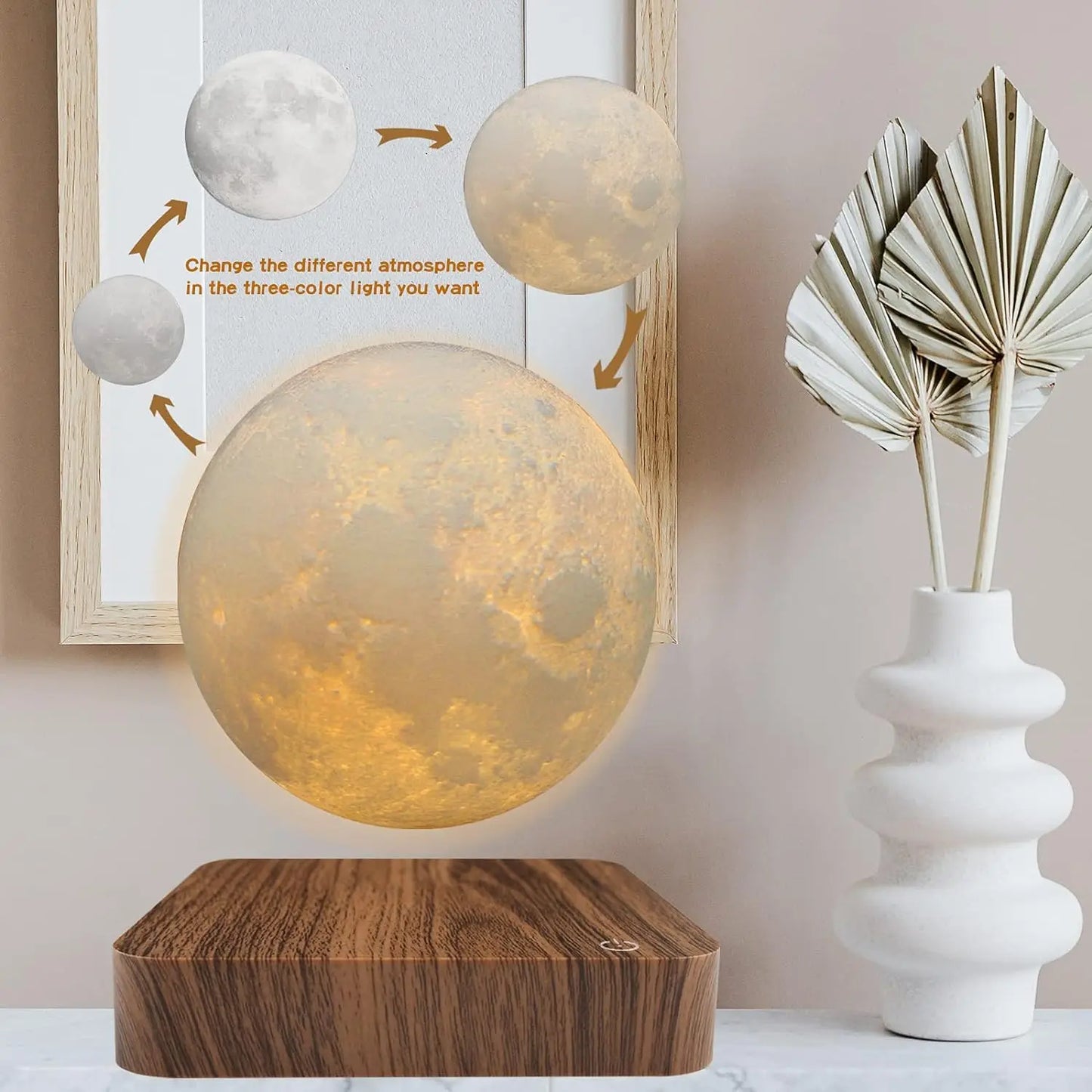 Mexllex Floating Moon Lamp With Wooden Base 3 Color LED Night Light