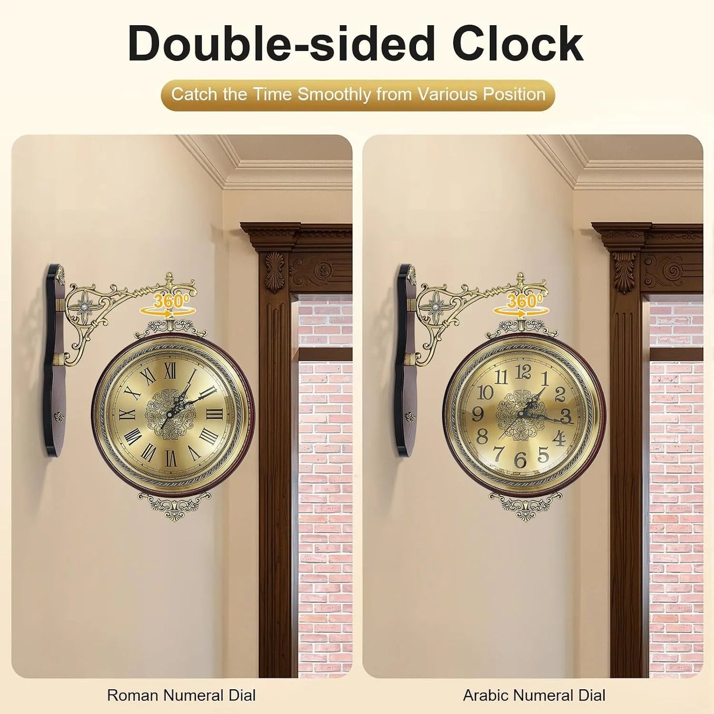 Double Sided Rotating Wall Clock European Style Silent Clock