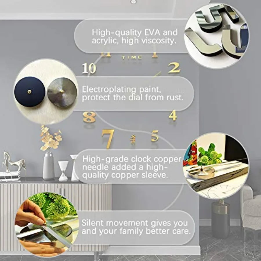 DIY Modern 3D Wall Clock With Mirror Numbers Decor