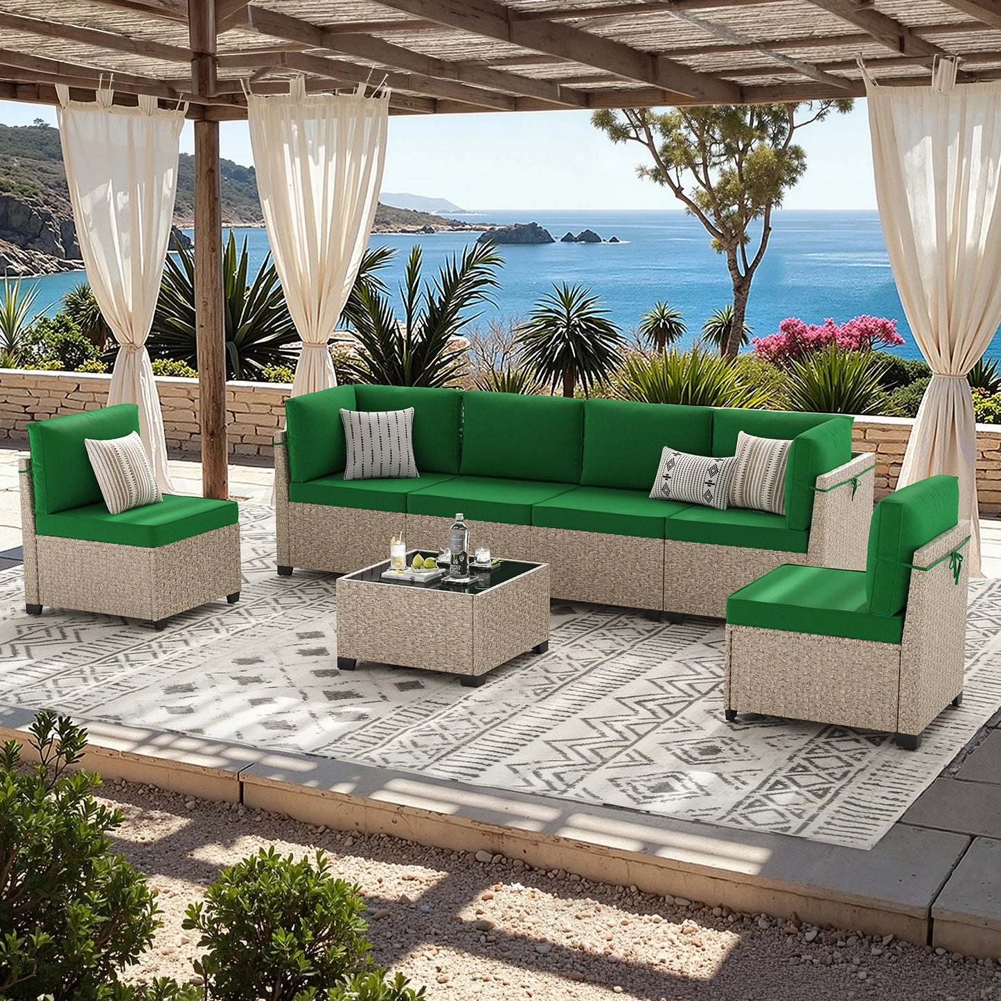 Outdoor 7-Piece Rattan Patio Set With Glass Table All Weather