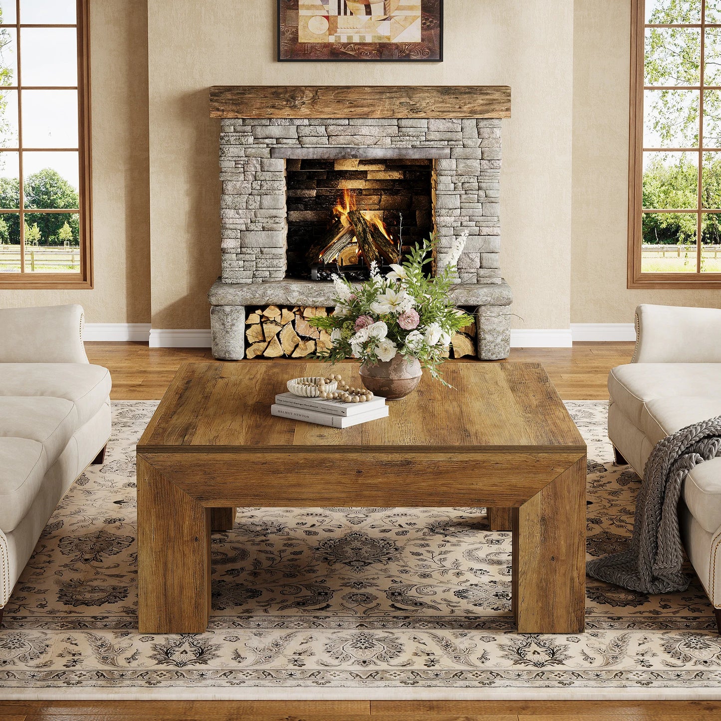 Tribesigns Square Coffee Table Farmhouse MDF Center Cocktail Table