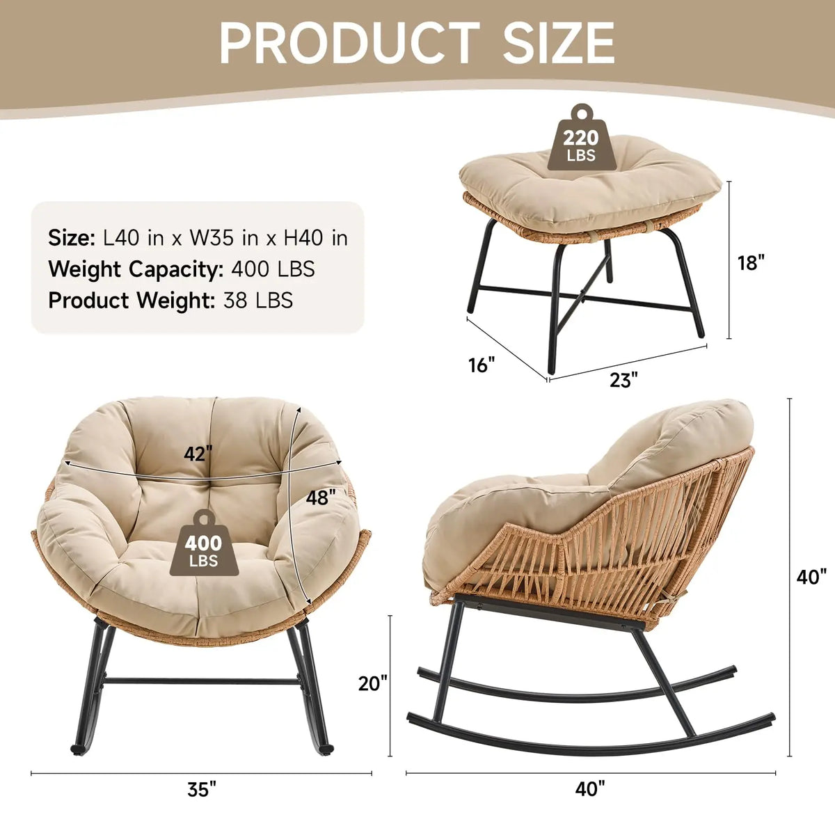 ONBRILL Papasan Rocking Chair With Ottoman Wicker Patio Lounge Rocker
