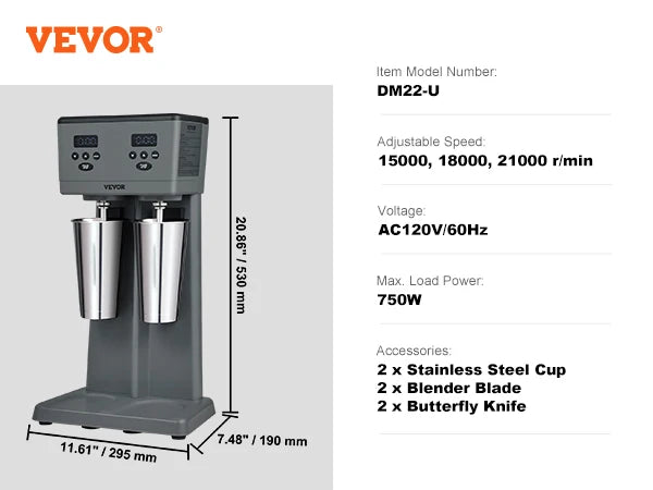 VEVOR Dual Head Milkshake Mixer Machine 375W Commercial