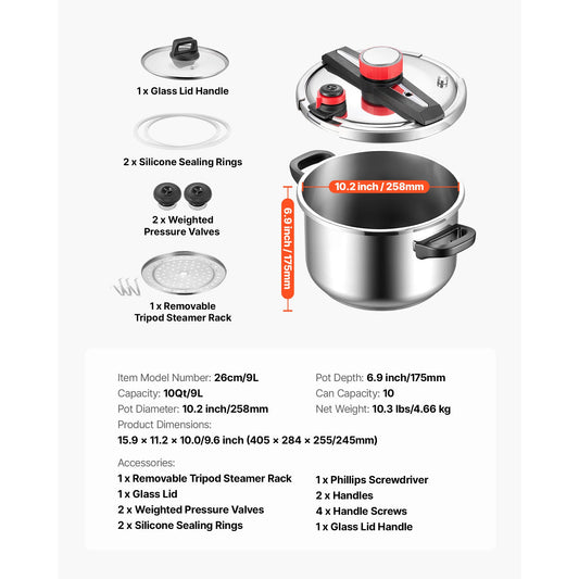 SucceBuy Stainless Steel Pressure Cooker With Steaming Rack Glass Lid