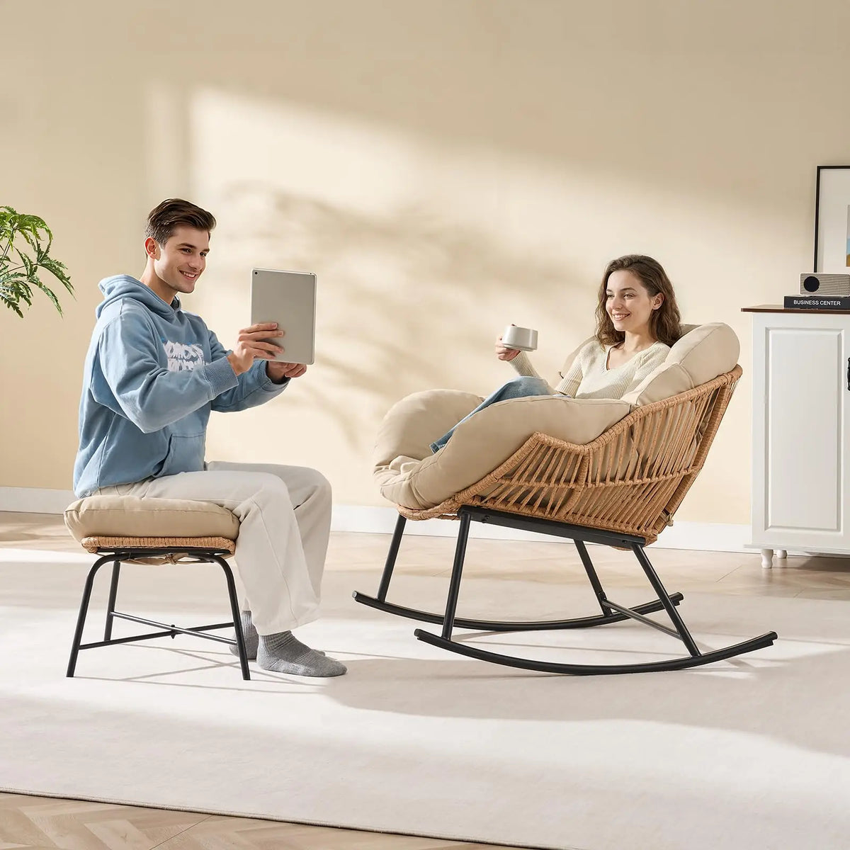 ONBRILL Papasan Rocking Chair With Ottoman Wicker Patio Lounge Rocker