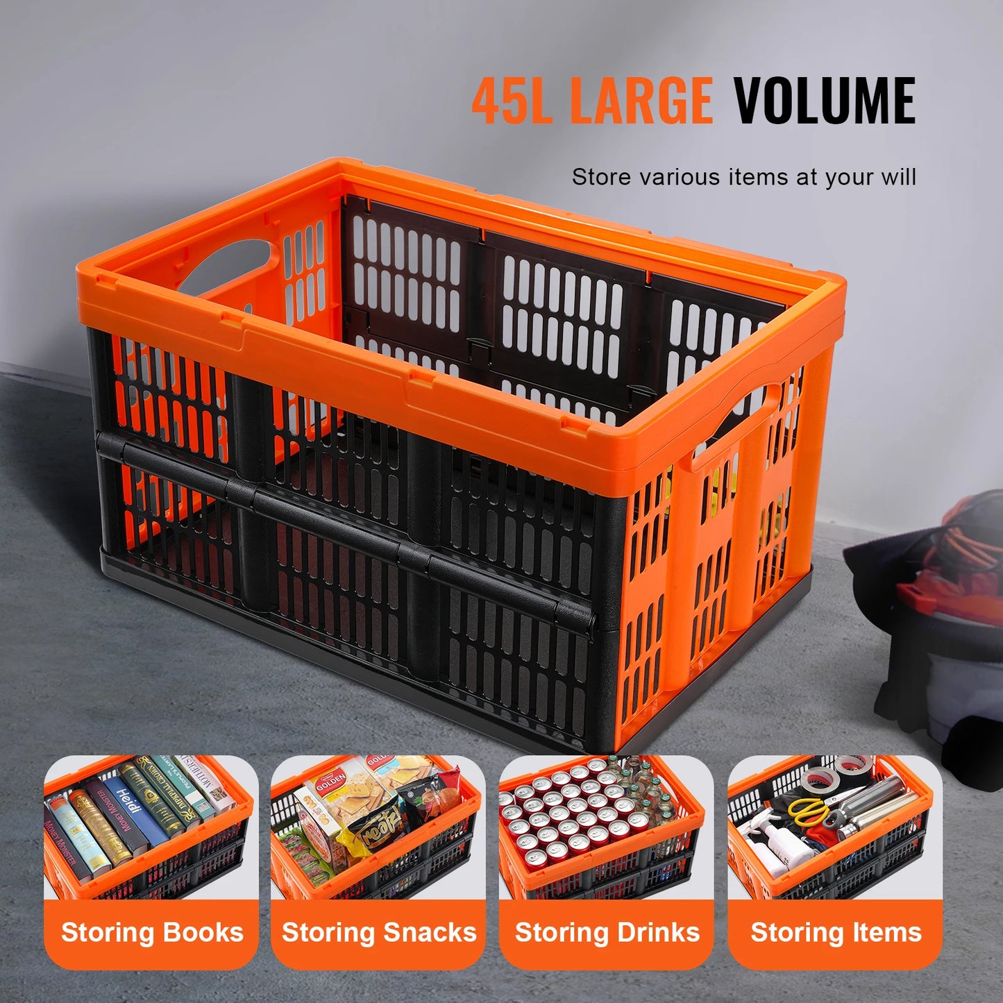 SucceBuy Collapsible Plastic Stackable Storage Bins With Heavy Duty Handles