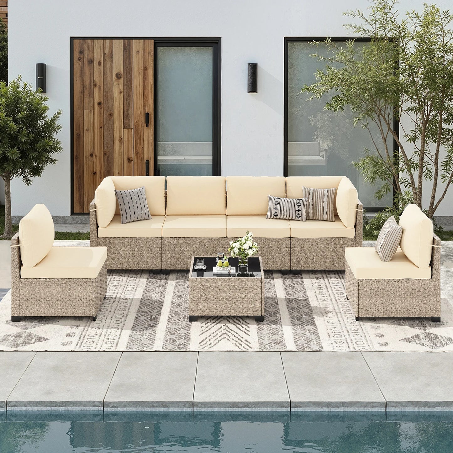 Outdoor 7-Piece Rattan Patio Set With Glass Table All Weather