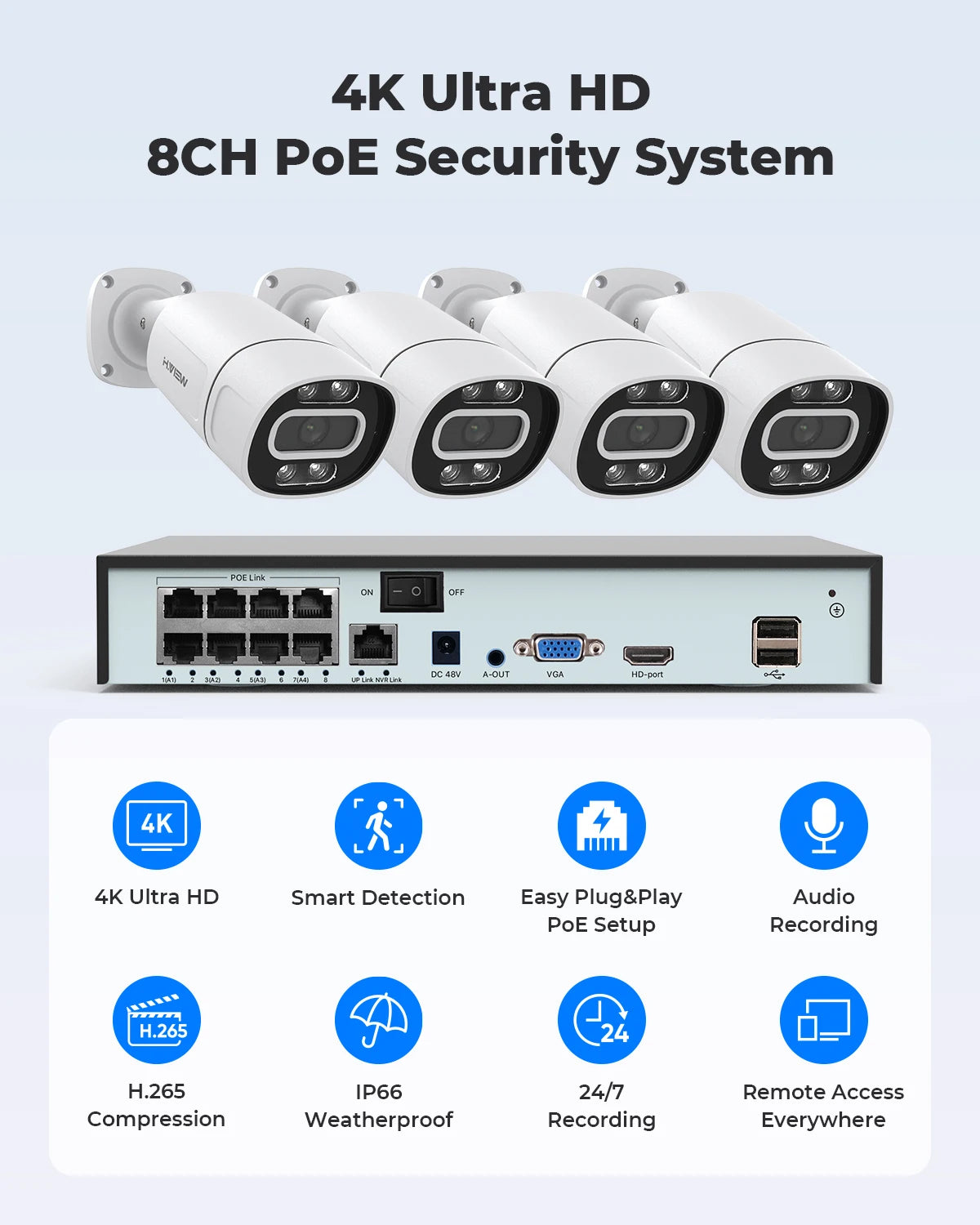 H.VIEW 8 Channel 4K PoE Security System NVR Kit Cameras