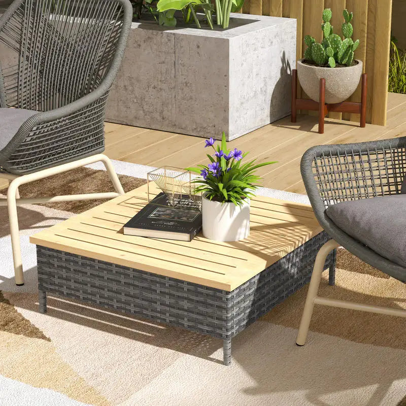 PE Rattan Outdoor Side Table With Fir Wood Top Resistant