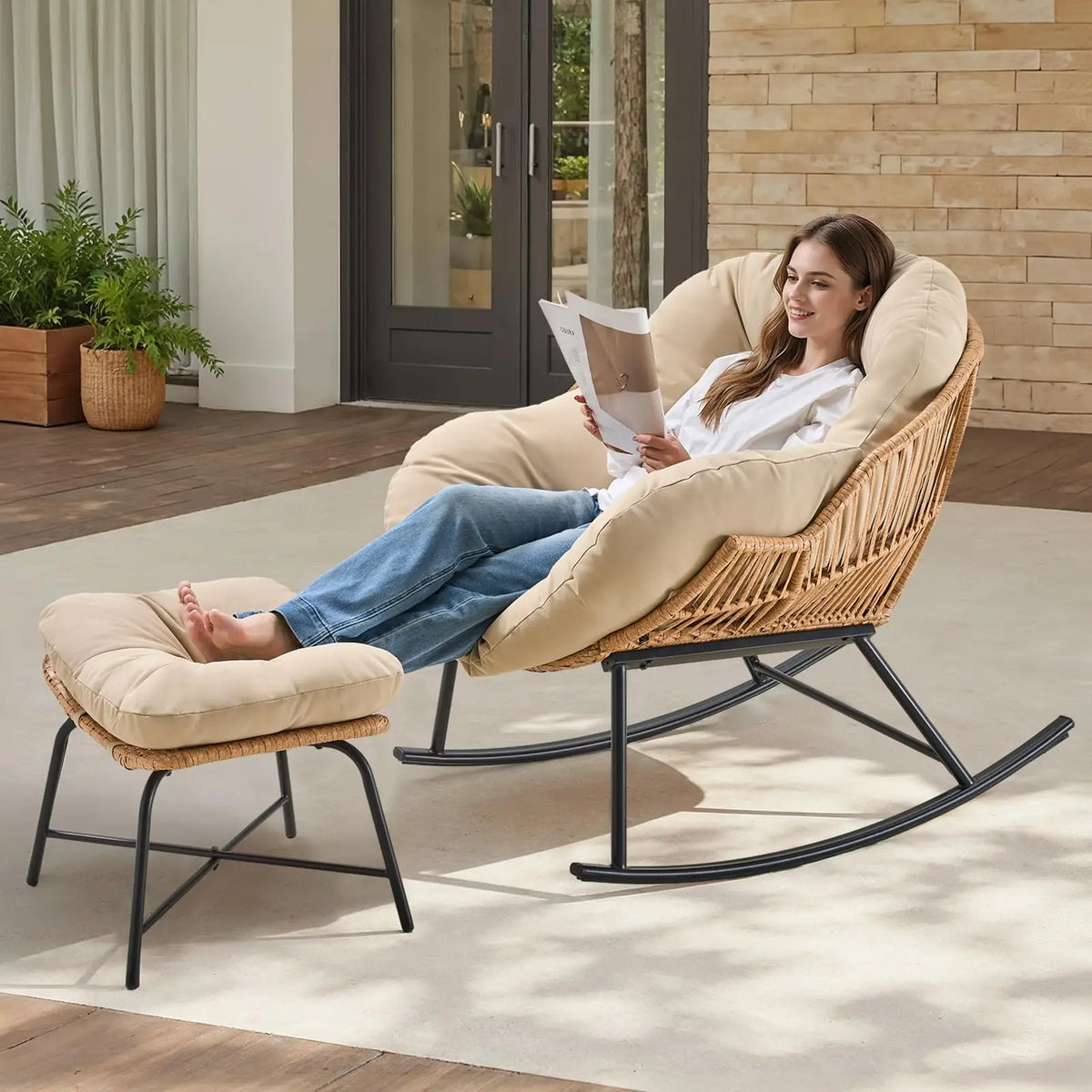 ONBRILL Papasan Rocking Chair With Ottoman Wicker Patio Lounge Rocker