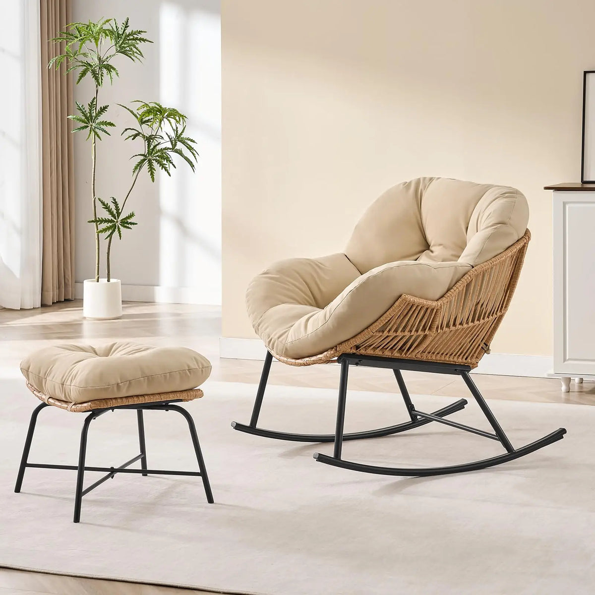 ONBRILL Rattan Papasan Rocking Chair With Ottoman For Indoor Outdoor Lounging